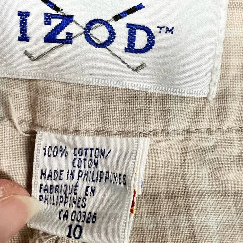 Vintage 80s 90s IZOD 100% cotton beige tan plaid pleated long Bermuda shorts 10